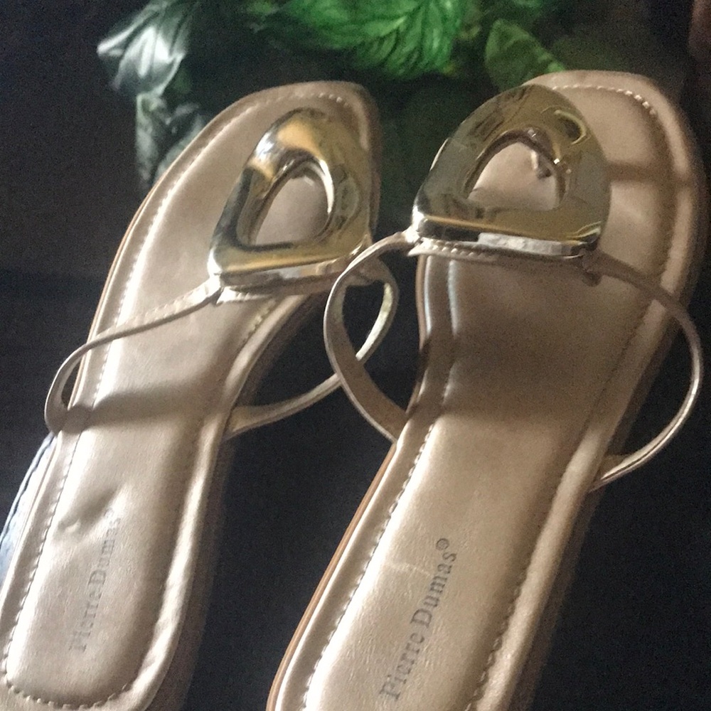Pierre Dumas Metallic Gold Flat Sandals with Decorative Accent